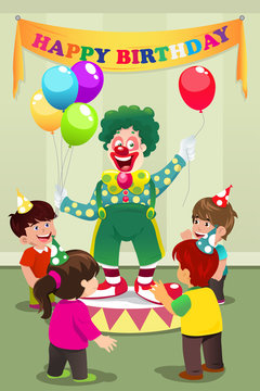 Clown carrying balloons to kids birthday party