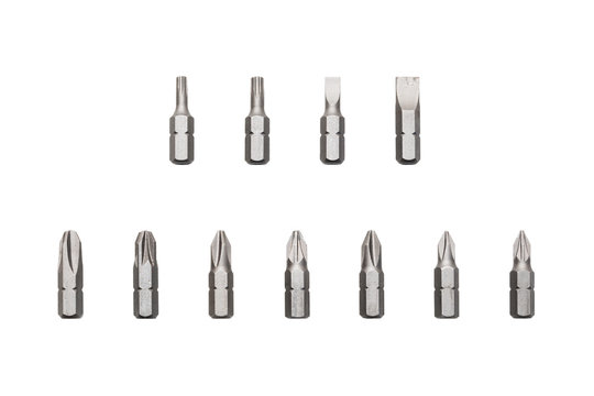 A set of various screwdriver bits isolated on white background
