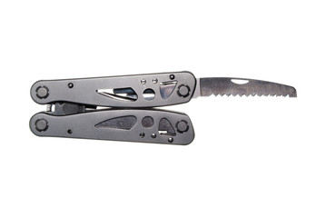 A folding multi-tool with the saw blade open
