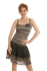 lating woman green dress stand smile