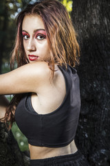 Portrait of young attractive smiling  woman wearing black t-shir