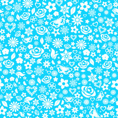 Seamless pattern of flowers, white on light blue