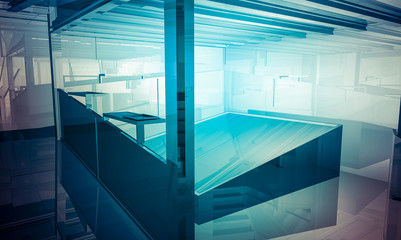 Fototapeta premium Empty office with columns and large windows, Indoor building. bu