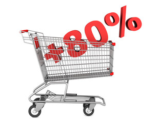 shopping cart with plus 80 percent sign isolated on white backgr