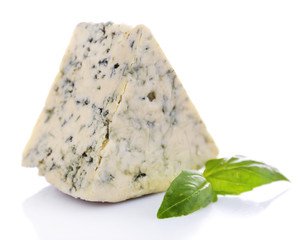 Tasty blue cheese with basil, isolated on white