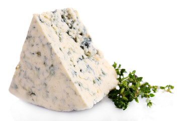 Tasty blue cheese with thyme, isolated on white