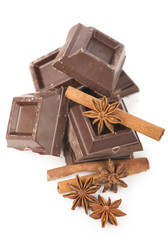 chocolate bars with its ingredients isolated on white background