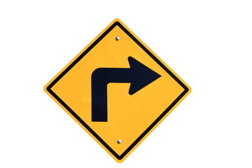 yellow right turn road sign on white  background - 61056571