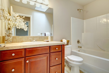 Fototapeta na wymiar Beautiful bright bathroom with cherry wood cabinets