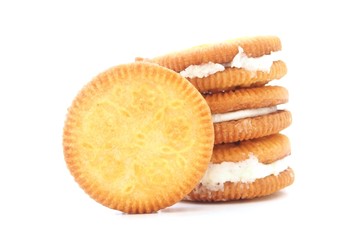 round sandwich biscuit with white cream on white background