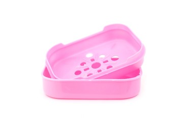 pink plastic soap box on white background