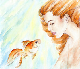 Beautiful girl with red hair and goldfish in water. Watercolor