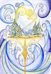 Sleeping baby in a magical forest. Watercolor.