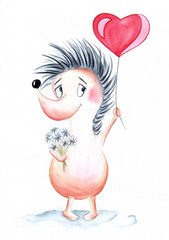 Watercolor. Hedgehog with balloon heart in hands.