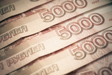 Five thousand russian rubles, close-up. Color toned image.
