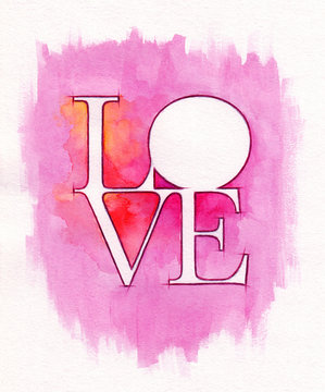 Word LOVE over abstract watercolor painting