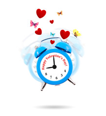 Alarm clock ringing with hearts and butterflies all around