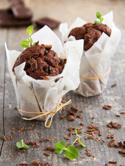 Chocolate muffins with coffee and chocolate.