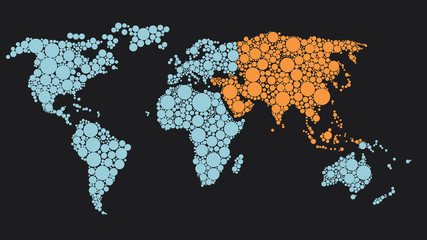 Map of the World made of blue dots and orange Asia