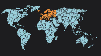 Map of the World made of blue dots and orange Europe