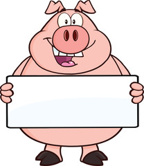 Happy Pig Cartoon Mascot Character Holding A Banner