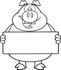 Black And White Pig Cartoon Mascot Character Holding A Banner