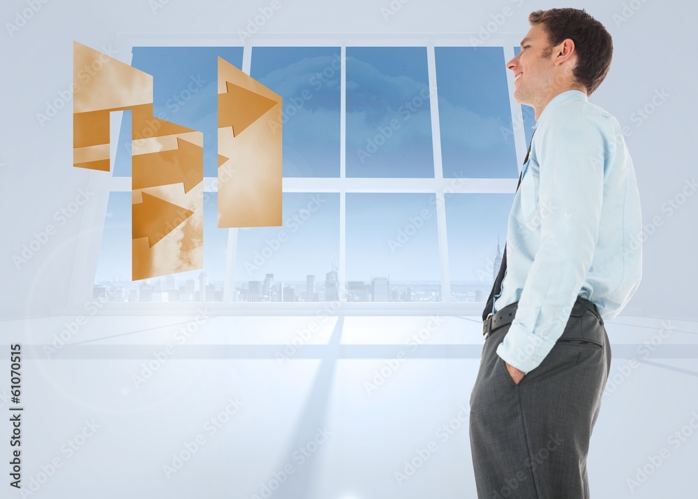 Poster composite image of happy businessman standing with hand in