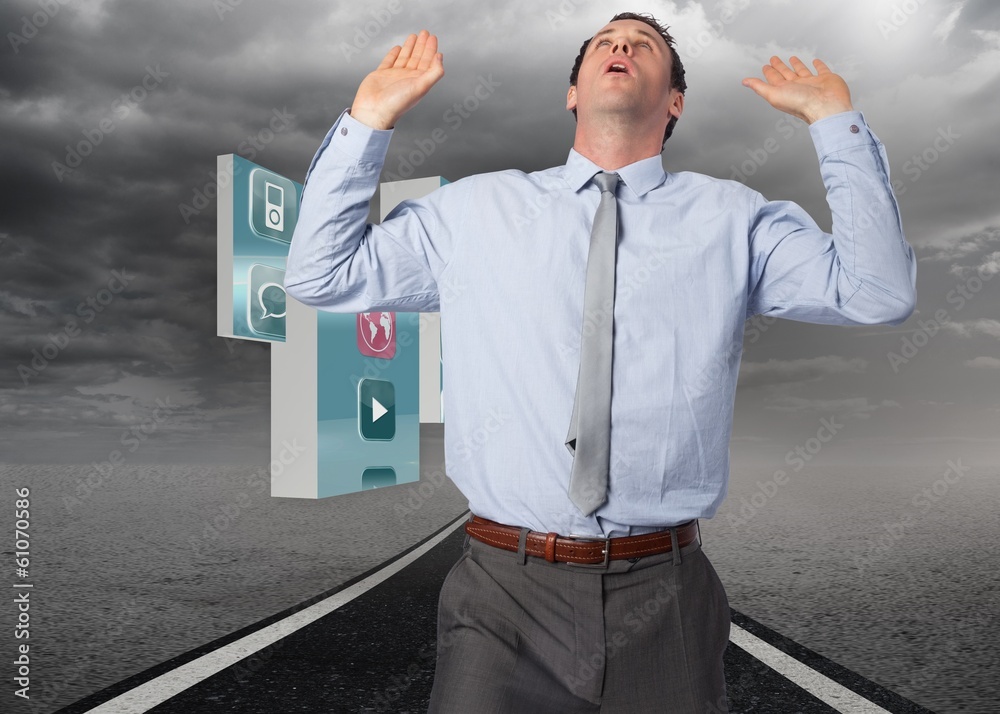 Poster composite image of businessman standing with arms pushing up