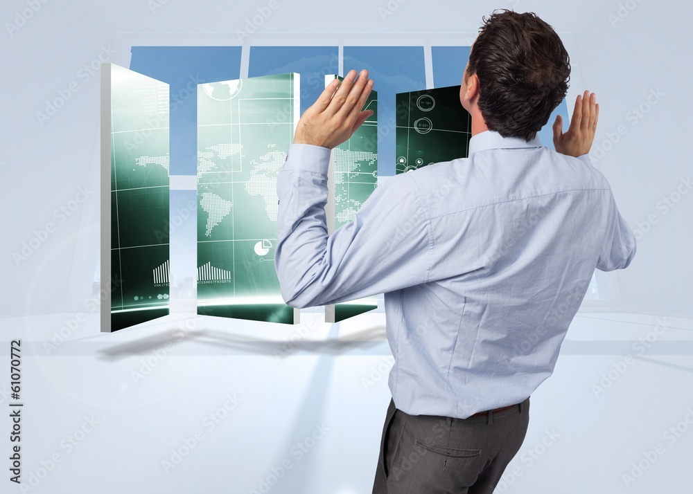 Poster composite image of businessman standing with arms pushing up
