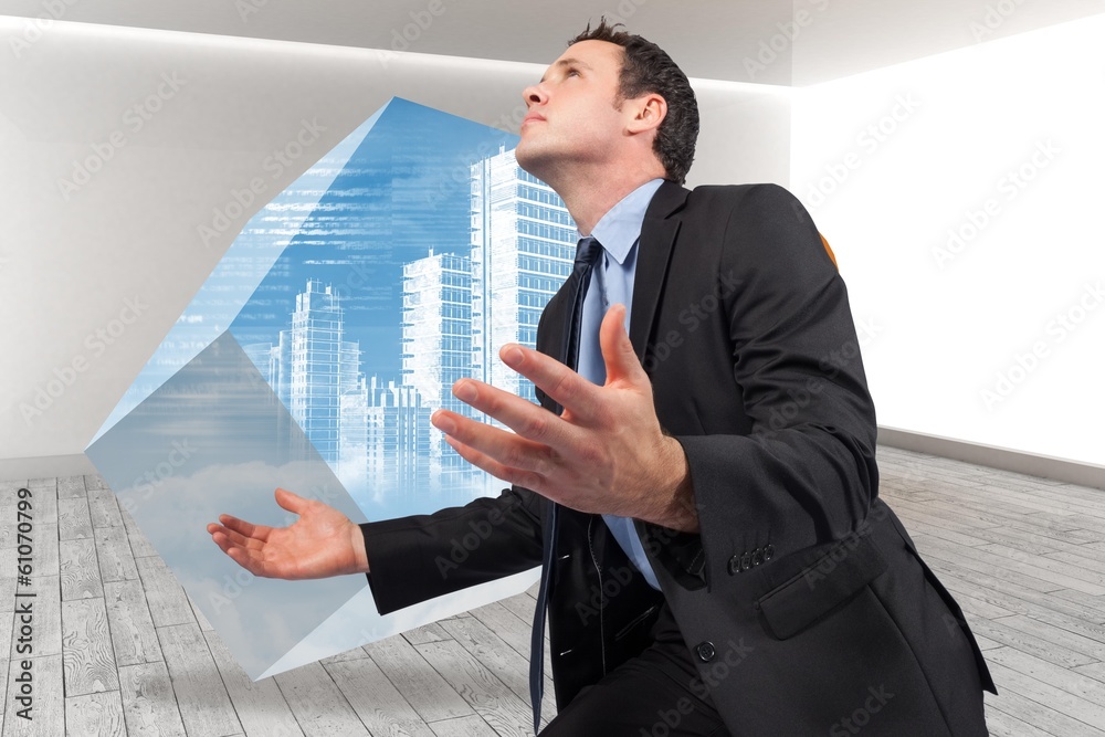 Poster composite image of businessman posing with arms out