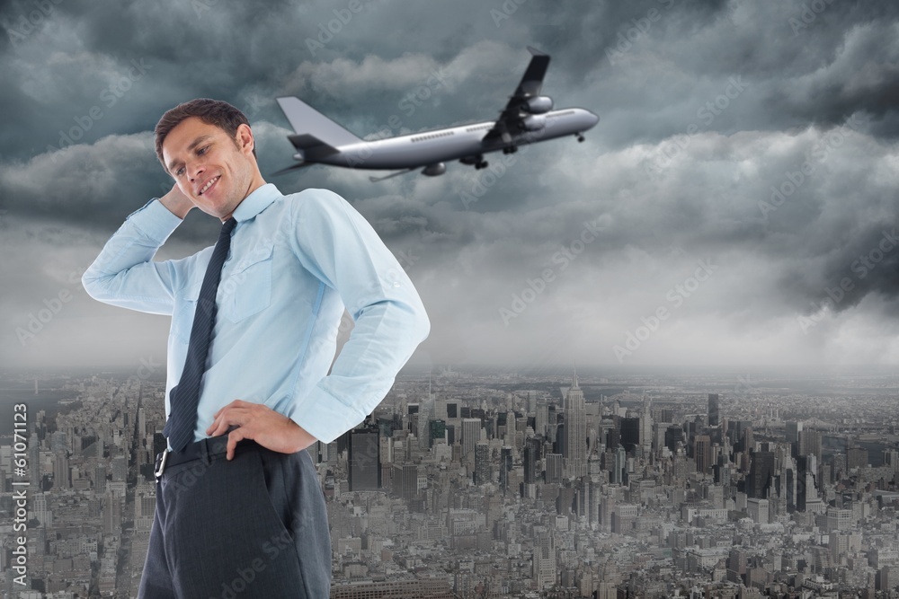 Poster composite image of thinking businessman with hand on head
