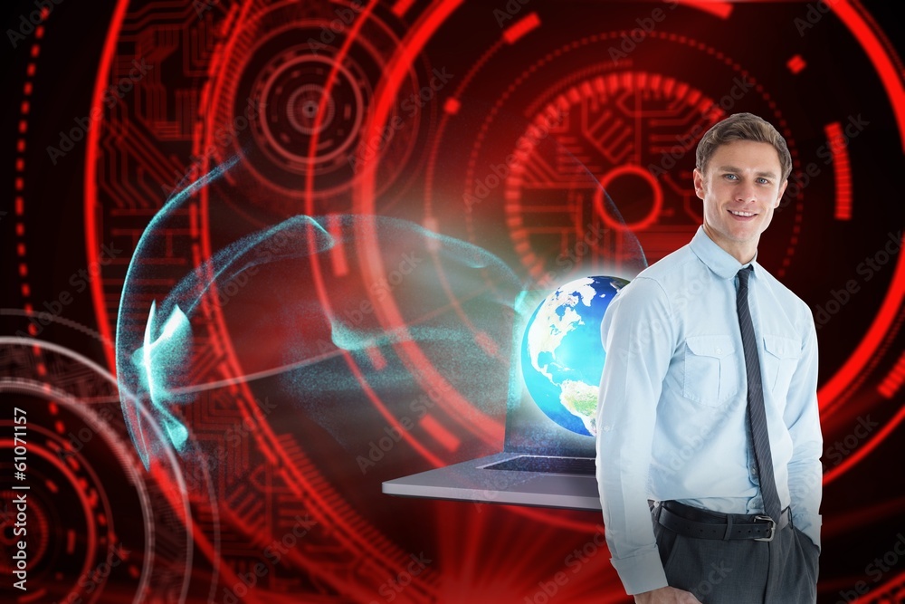 Poster Composite image of smiling businessman standing with hand in