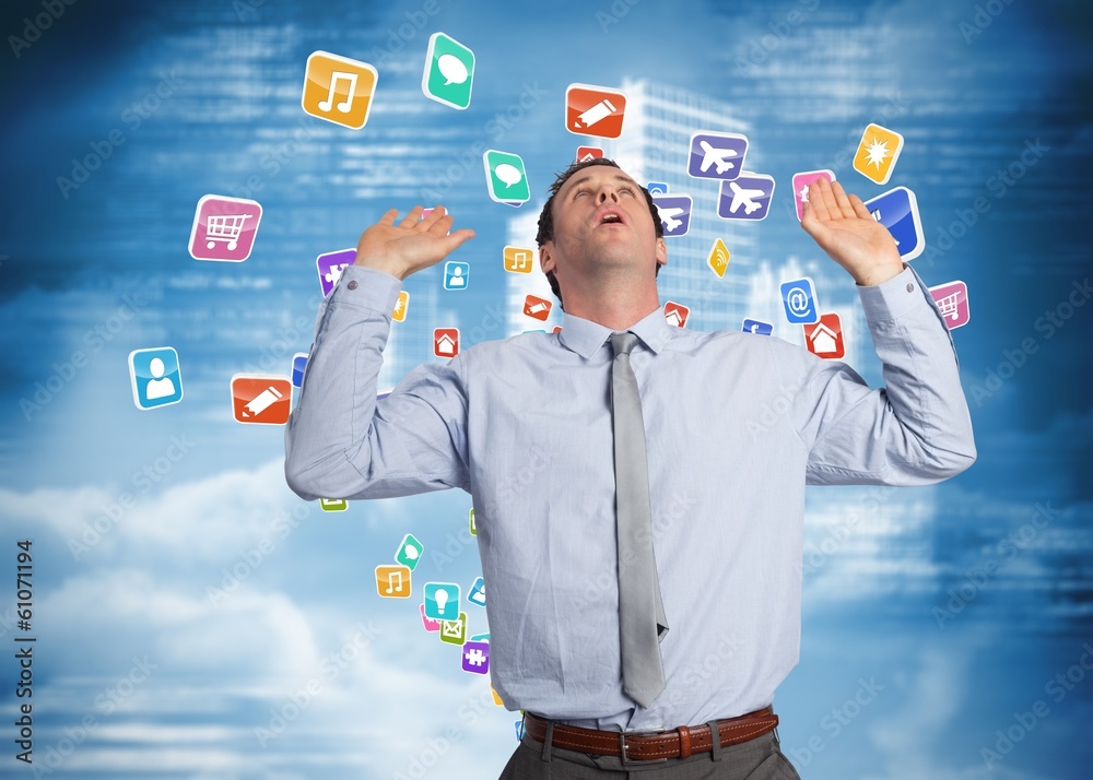 Poster composite image of businessman standing with arms pushing up
