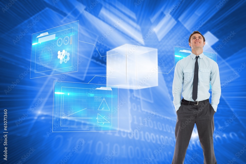Poster Composite image of smiling businessman standing with hands in