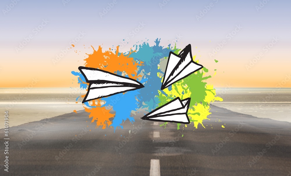 Poster composite image of paper airplanes on paint splashes
