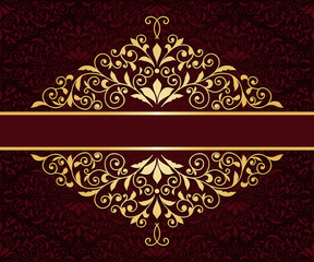 Vector greeting card with golden frame in vintge seamless patter