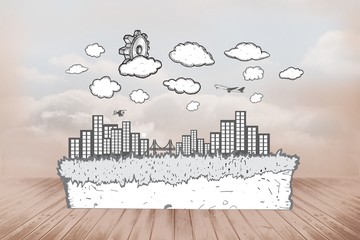 Obraz premium Composite image of cog over cityscape doodle