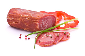 Sliced Sausage, Bell Pepper, Pepper and Chives isolated on white