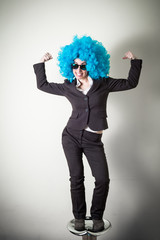 funny blu wig beautiful young businesswoman