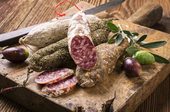 French Salami on Wooden Board