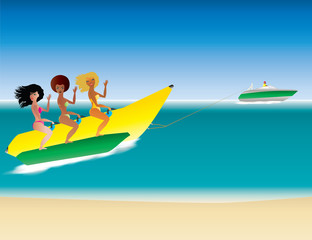 Obraz na płótnie Canvas Three cartoon women on a Banana Boat