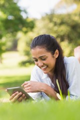 Fototapeta premium Smiling woman text messaging while relaxing in park