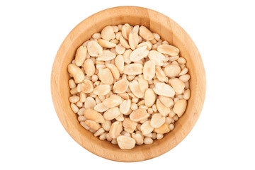 Peanuts in wooden bowl isolated on white background