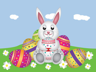 White bunny with Easter eggs