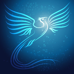 Shining abstract Phoenix bird on blue background with stars