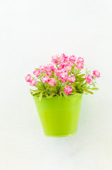 Plastic flower in vase on wall background