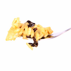 Risotto with mushrooms on a fork 