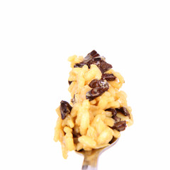 Risotto with mushrooms on a fork on white background