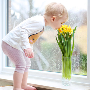 Pretty blonde toddler girl smelling beautiful narcissus 