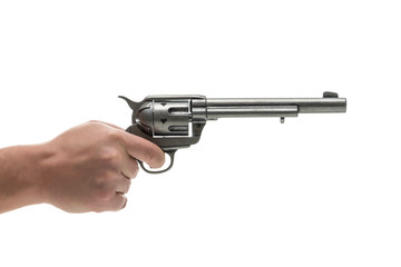 Men hand with revolver pistol isolated on a white background